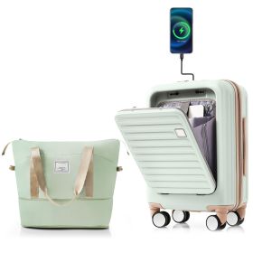 Front Opening 20-Inch Carry-On Luggage with Expandable Travel Bag Set, ABS Hard Shell Two-piece suitcase set with USB Port , Cup Holder, grey gre