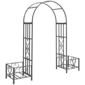 Outsunny 6.7' Steel Garden Arch Arbor with Scrollwork Hearts, Planter Boxes for Climbing Vines, Ceremony, Weddings, Party, Backyard, Lawn, Dark G
