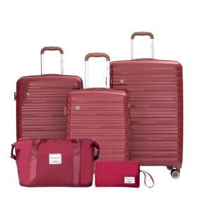 5 Piece Suitcase Set, PP Hardshell Carry on Suitcase Set, Travel Suitcases with Silent plane wheeland TSA Lock WINE RED.