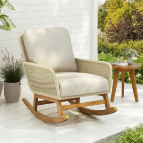 Contemporary Minimalist Ivory Wicker Rocking Chair With Soft Polyester Cushions And Durable Wooden Frame, Perfect For Indoor And Outdoor Spaces L (Option: Ivory-1pcs)
