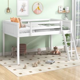 Twin Size Wood Low Loft Bed With Ladder, Ladder Can Be Placed On The Left Or Right, White (Color: White)