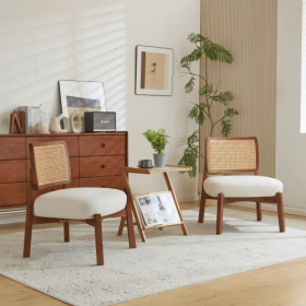 Set Of 2 Modern Beige Lounge Chair With Woven Backrest, Sturdy Wooden Frame, Minimalist And Elegant Accent Seating For Living Room, Bedroom, Or O (Option: BeigeWalnut)
