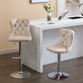 Swivel Velvet Barstools Adjustable 25 33  Seat, Modern Upholstered Chrome Base (Color: Beige)