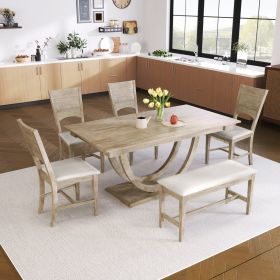 TOPMAX 6-Piece Wood Half Round Dining Table Set With Long Bench & 4 Chairs (Option: Natural Wood)