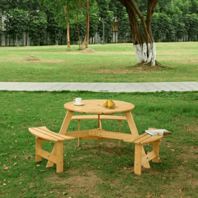 Outdoor 6 Person Picnic Table, 6 Person Round Picnic Table With 3 Built-in Benches, Umbrella Hole, Outside Table And Bench Set For Garden, Backya (Option: Natural)