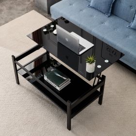 Glass Lift Top Coffee Table, 2-Layer Tempered Glass, Modern Simple, Black (Color: black)