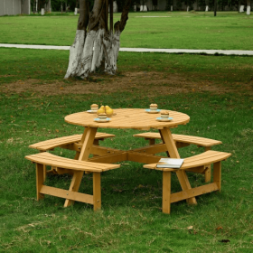 Outdoor 8 Person Picnic Table, 8 Person Round Picnic Table With 4 Built-in Benches, Umbrella Hole, Outside Table And Bench Set For Garden, Backya (Option: Natural)