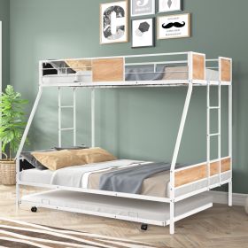 Metal Twin Over Full Bunk Bed With Trundle, Heavy-Duty, Noise Reduced, Guardrail (Color: White)