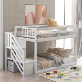 Twin Over Twin Floor Bunk Bed, Ladder With Storage, White (Color: White)