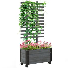 Outsunny Raised Garden Bed with Trellis, 58" Outdoor Wooden Planter Box with Wheels, for Vine Plants Flowers Climbing and Planting, Gray (Color: as Pic)